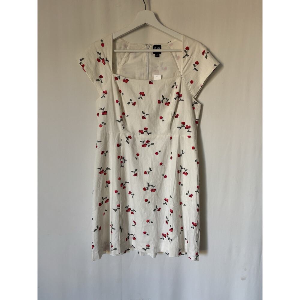 Gap Mini Dress Medium White Cherries Print Linen Blend Boho Retro Lined
